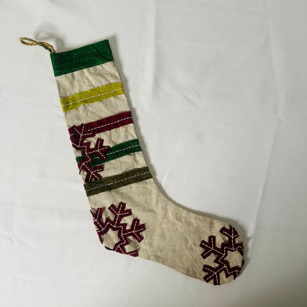 Primitive Farmhouse Christmas Striped Snowflake Sewn Skinny Holiday Stocking